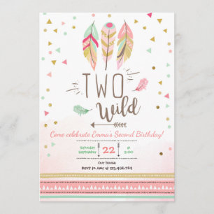 Twee Wilde Verjaardag Meisje Roze Goud 2e Boho Ver Kaart