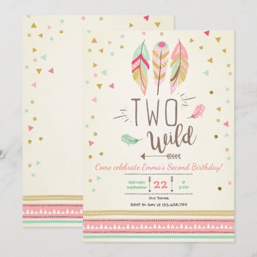 Twee Wilde Verjaardag Meisje Roze Goud 2e Boho Ver Kaart (Voorkant / Achterkant)