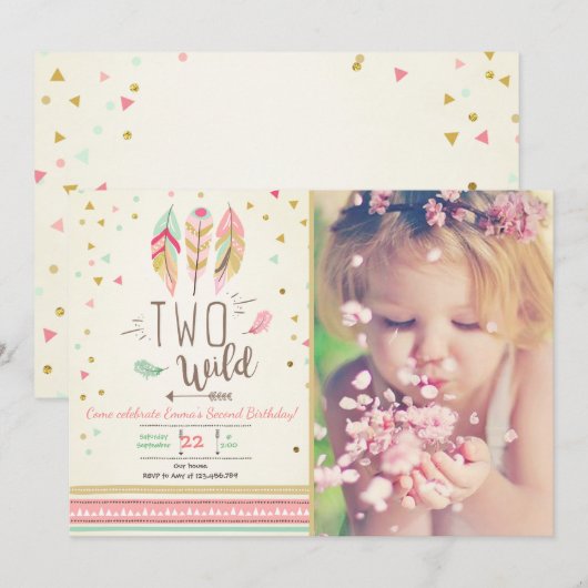 Twee Wilde Verjaardag Meisje Roze Goud 2e Boho Ver Kaart (Voorkant / Achterkant)