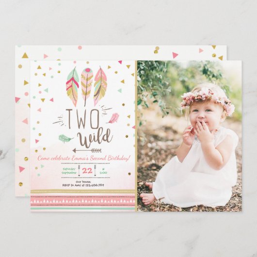 Twee Wilde Verjaardag Meisje Roze Goud 2e Boho Ver Kaart (Voorkant / Achterkant)