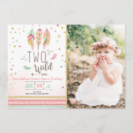 Twee Wilde Verjaardag Meisje Roze Goud 2e Boho Ver Kaart