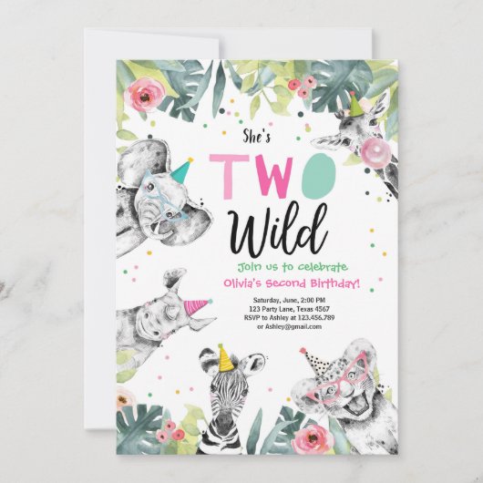Twee Wilde Verjaardag Uitnodiging Safari Meisje Di (Voorkant)
