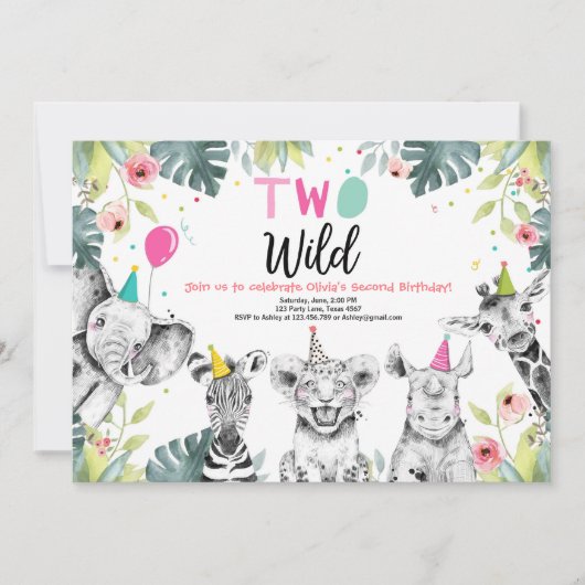 Twee Wilde Verjaardag Uitnodiging Safari Meisje Di (Voorkant)