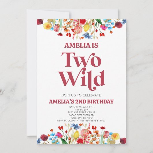 Twee Wilde Wildbloem Tweede 2e Verjaardagsfeestje Kaart (Voorkant)