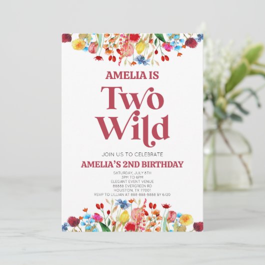 Twee Wilde Wildbloem Tweede 2e Verjaardagsfeestje Kaart (Staand voorkant)