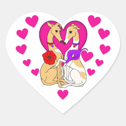 Twee windhonden roze hart en bloemen hart sticker (Voorkant)
