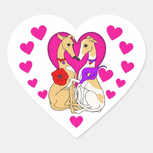 Twee windhonden roze hart en bloemen hart sticker (Voorkant)