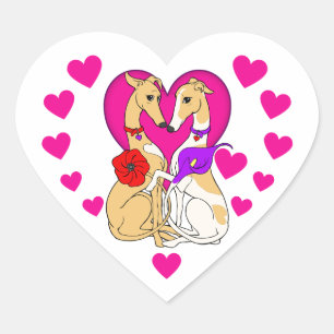 Twee windhonden roze hart en bloemen sticker