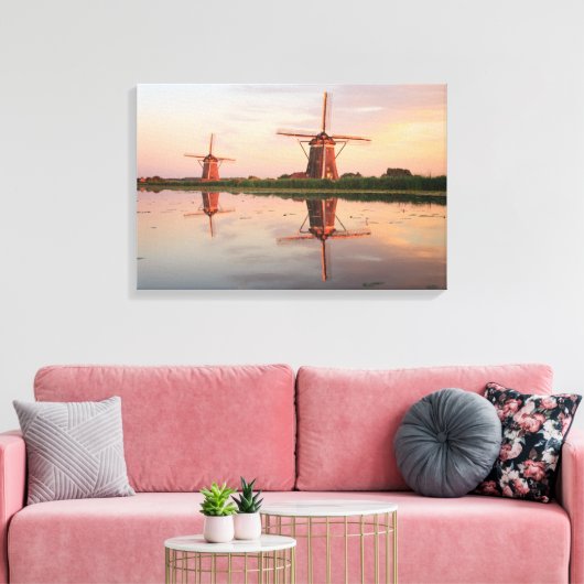 Twee windmolens met reflectie bij zonsondergang canvas afdruk (Insitu (Woonkamer))