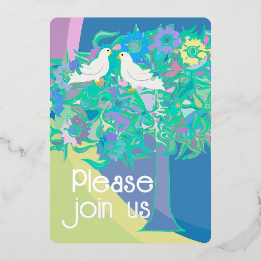 Twee witte duiven Art Deco stijl Folie Uitnodiging (Voorkant)