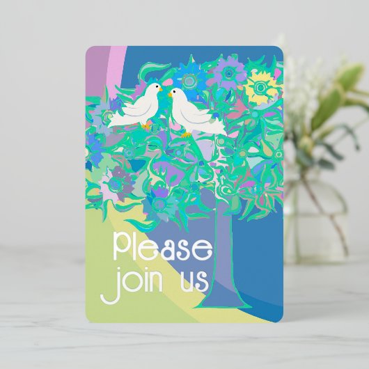 Twee witte duiven Art Deco stijl Folie Uitnodiging (Staand Voorkant)