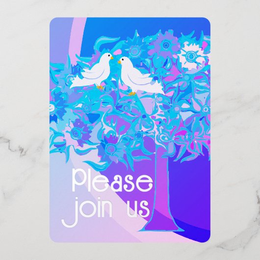 Twee witte duiven Art Deco stijl Folie Uitnodiging (Voorkant)