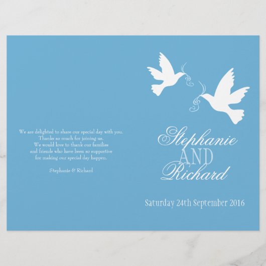 Twee witte duiven blauw ribbon Wedding Programme (Voorkant)