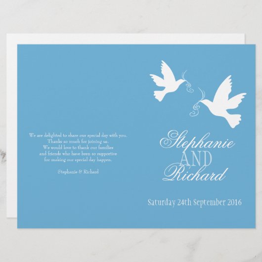 Twee witte duiven blauw ribbon Wedding Programme (Voorkant / Achterkant)
