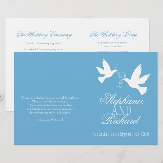 Twee witte duiven blauw ribbon Wedding Programme (Voorkant / Achterkant)