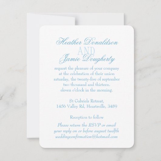 Twee witte duiven blauwe lint formele bruiloft uit kaart (Achterkant)