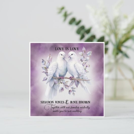 Twee witte duiven lesbische bruiloft kaart (Staand voorkant)