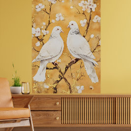 twee witte duiven op een tak poster