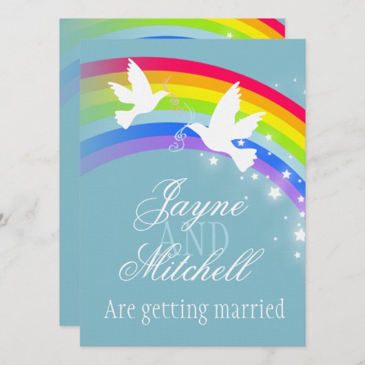 Twee witte duiven regenboog bruiloft blauw grijs u kaart (Voorkant / Achterkant)