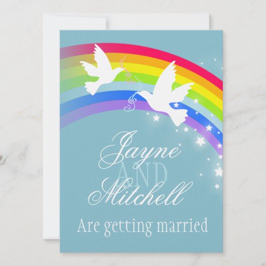 Twee witte duiven regenboog bruiloft blauw grijs u kaart (Voorkant)