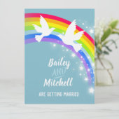 Twee witte duiven regenboog bruiloft blauwgroen ui kaart (Staand voorkant)