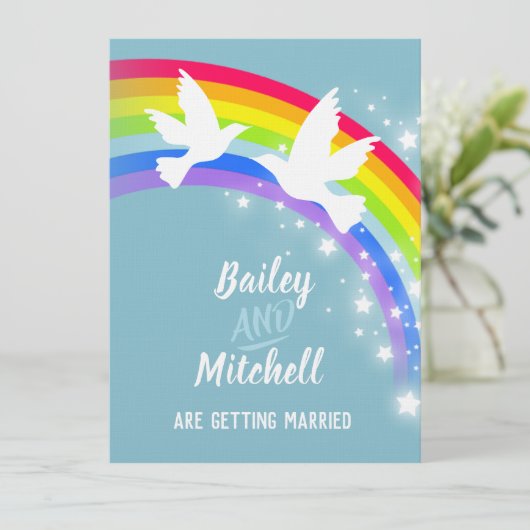 Twee witte duiven regenboog bruiloft blauwgroen ui kaart (Staand voorkant)