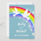 Twee witte duiven regenboog bruiloft blauwgroen ui kaart (Voorkant)