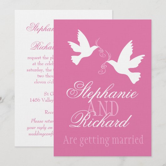 Twee witte duiven roze lint officiële bruiloft uit kaart (Voorkant / Achterkant)