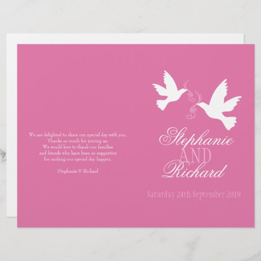 Twee witte duiven roze ribbon Wedding Programme (Voorkant / Achterkant)