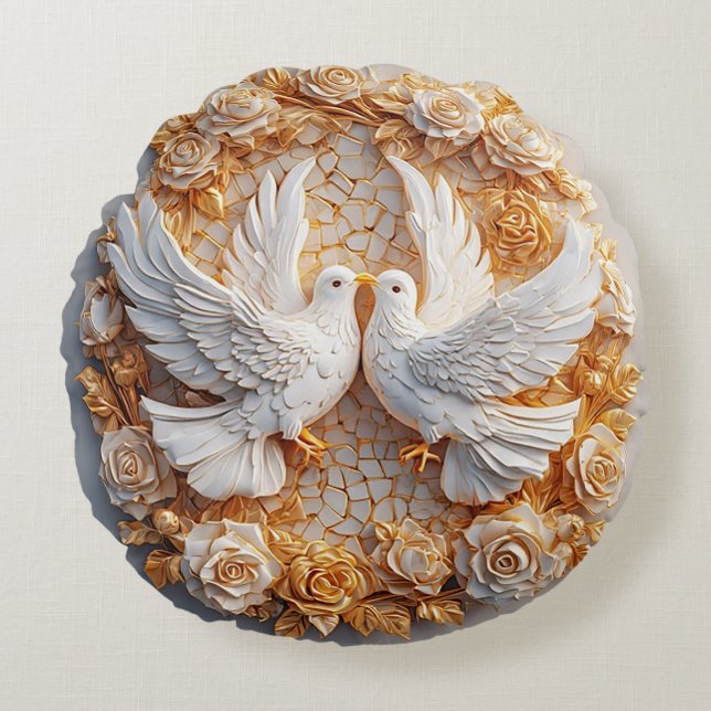 Twee witte duiven te midden van een bloemenpatroon rond kussen (Voorkant)