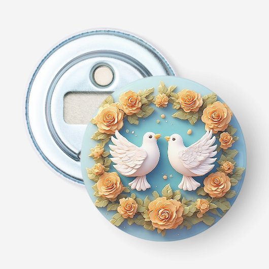 Twee witte duiven te midden van een bloempatroon button flesopener (Voorkant)