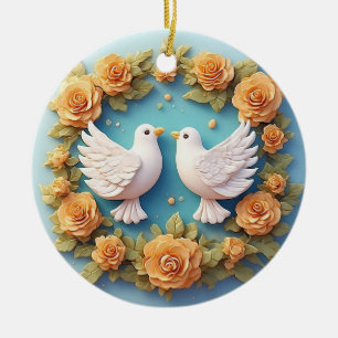 Twee witte duiven te midden van een bloempatroon keramisch ornament