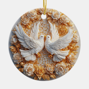 Twee witte duiven te midden van een bloempatroon keramisch ornament