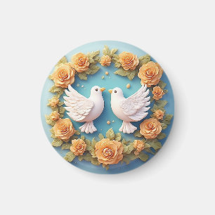 Twee witte duiven te midden van een bloempatroon magneet