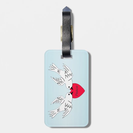Twee  witte duven met rood vredeshart bagagelabel (Achterkant verticaal)