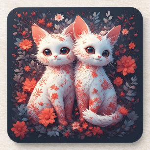 Twee witte katjes en bloemen bier onderzetter
