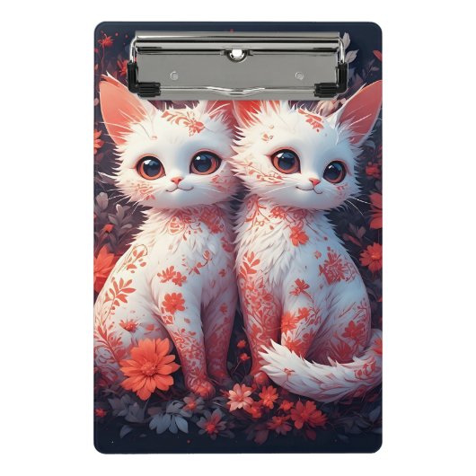 Twee witte katjes en bloemen mini klembord (Voorkant)