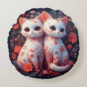 Twee witte Kittens en bloemen Rond Kussen