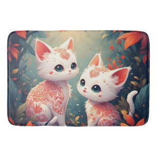 Twee Witte Kittens in een Magisch Woud Badmat
