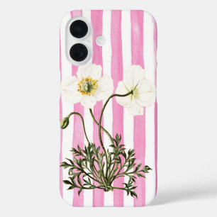 Twee witte klaprozen op vervaagde roze denim strep iPhone 16 hoesje