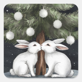 Twee witte konijnen zoenen onder de kerstboom vierkante sticker