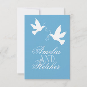 Twee witte liefde vogels blauw formele bruiloft RS RSVP Kaartje