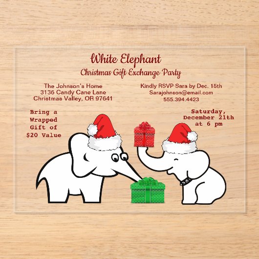 Twee witte olifant kerstdiamant patroon acryl uitnodigingen (Voorkant)