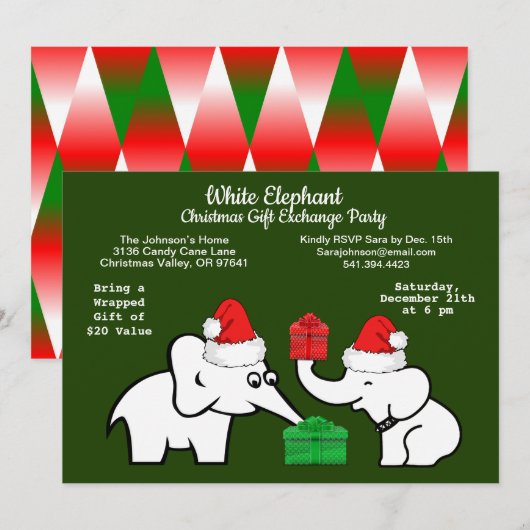 Twee witte olifant kerstdiamant patroon kaart (Voorkant / Achterkant)
