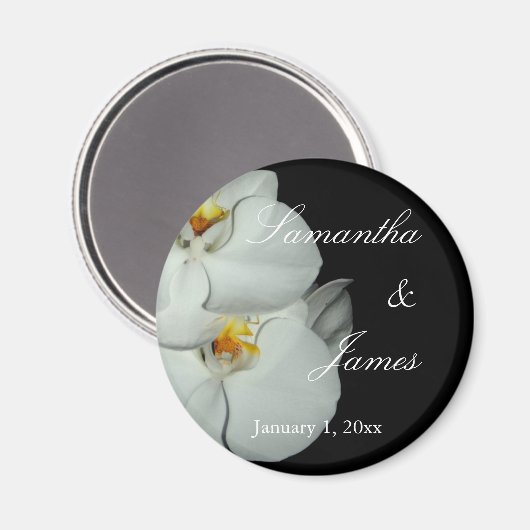 Twee witte orchideeën op de zwarte bruiloft magneet (Voorkant / Achterkant)