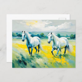 Twee witte paarden die door gele bloemen lopen briefkaart