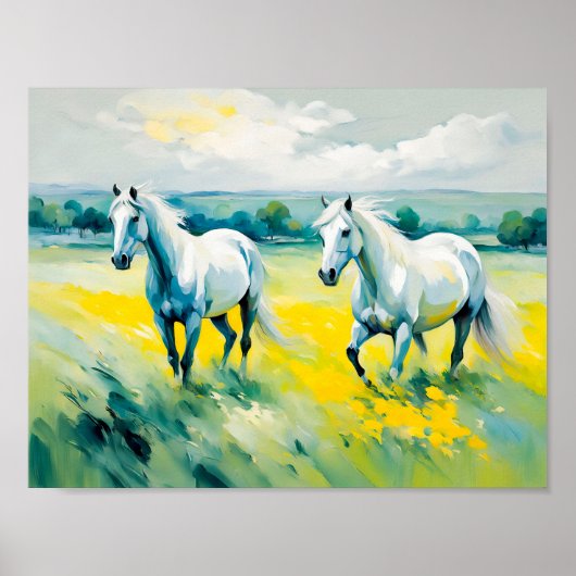 Twee witte paarden die door gele bloemen lopen poster (Voorkant)