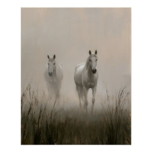 Twee witte paarden in een nevelige weide-schilderi perfect poster