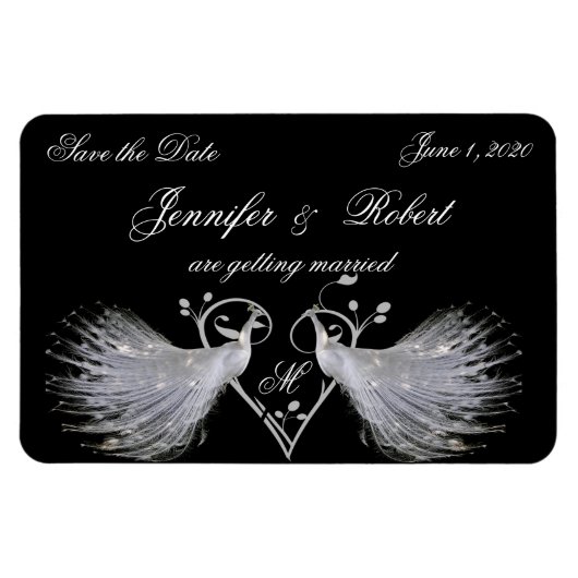 Twee witte pauwen en hart monogram magneet (Horizontaal)