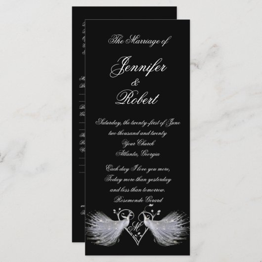 Twee witte pauwen en hart monogram programma programmakaart (Voorkant / Achterkant)